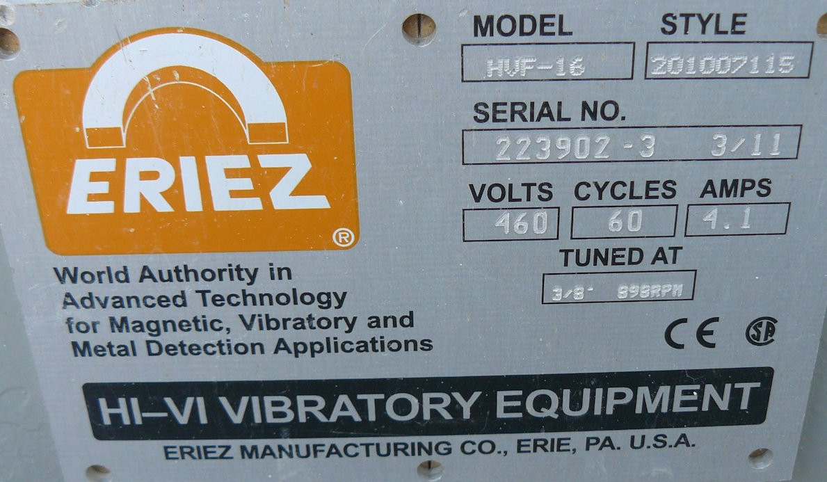 Eriez Hi-vi Vibratory Equipment, Model Hvf-16, 16" W X 12' L Vibratory Pan Feeder)